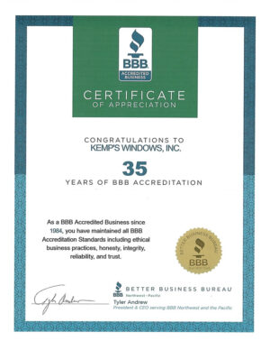 Bbb Certificate - Kemps Windows Inc. - Portland, OR